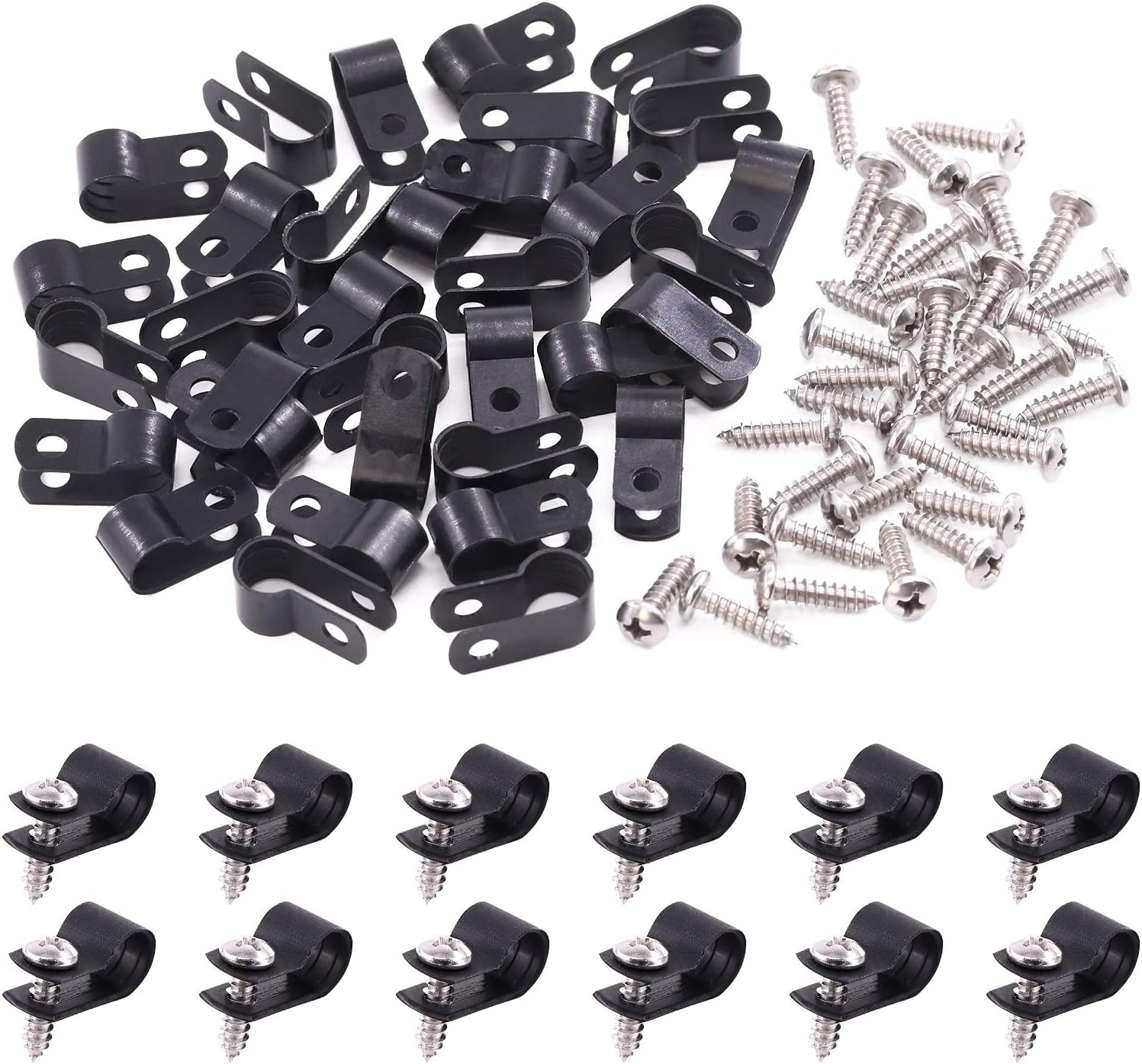 Swpeet 120 Pack Black 5/16 Inch Nylon Plastic R-Type Cable Clips Clamp Kit, Nylon Screw Mounting Cord Fastener Clips with 60 Pack Screws for Wire Management (5/16 Inch, Black): Home Audio & Theater