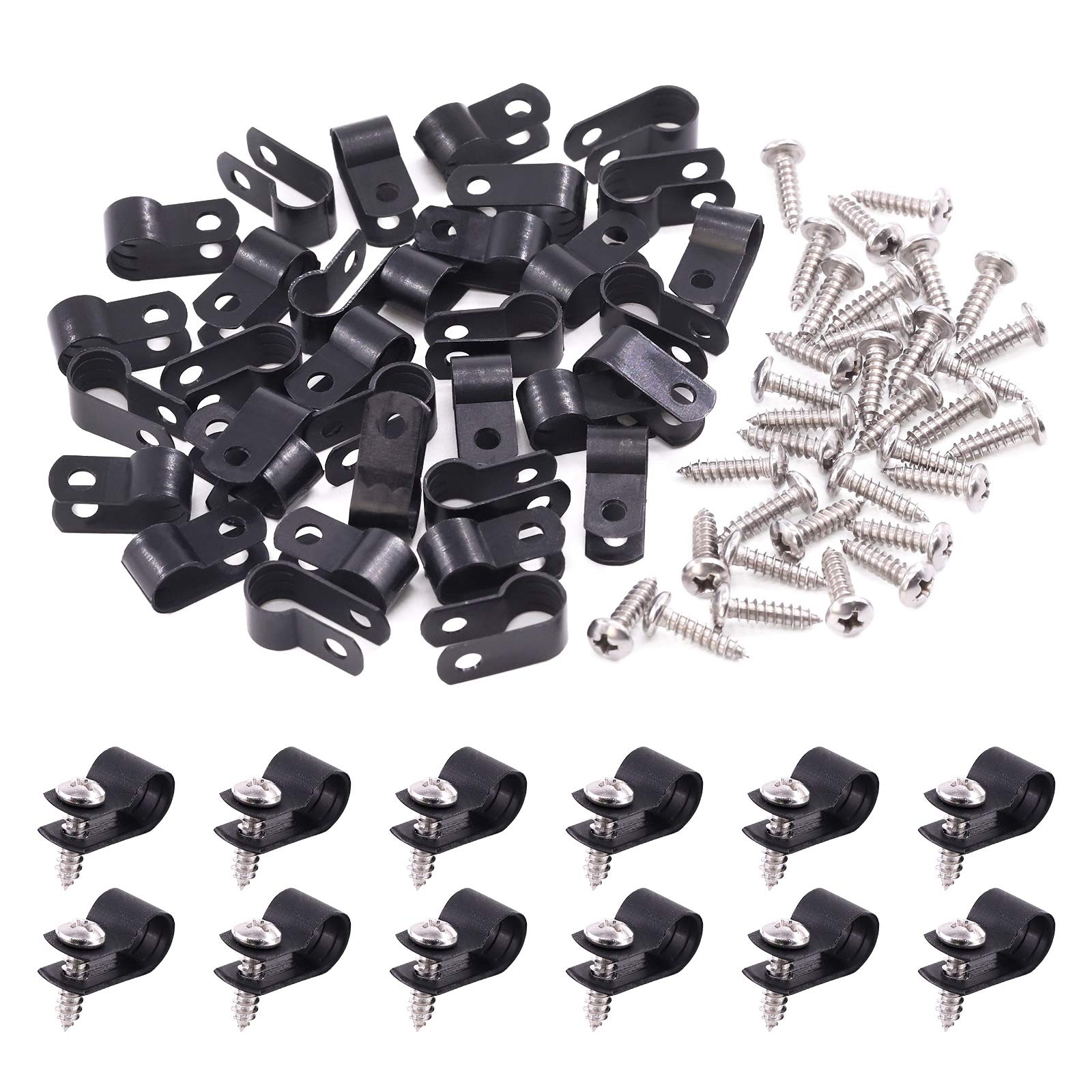 Swpeet 120 Pack Black 5/16 Inch Nylon Plastic R-Type Cable Clips Clamp Kit, Nylon Screw Mounting Cord Fastener Clips with 60 Pack Screws for Wire Management (5/16 Inch, Black)