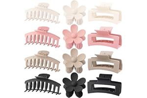JANFUN Large Hair Claw Clips 12 Pack Flower Hair Clips Big Claw Clips for Thick Hair, Big Hair Clips Square Matte Strong hold for Thin Hair, Cute Hair Clips for Women, 3 Styles Claw Hair Clips for Thick Hair