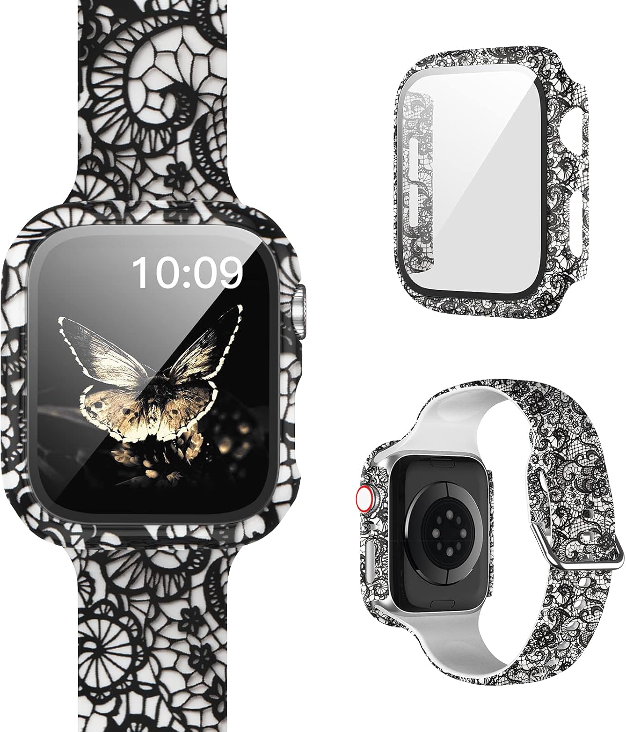 [1+1] Pack Compatible for Apple Watch Band with Case for Apple Watch Series 42mm 3/2/1, Floral Printed Pattern Replacement Strap + Protective Case with Screen Protector for iWatch Accessories