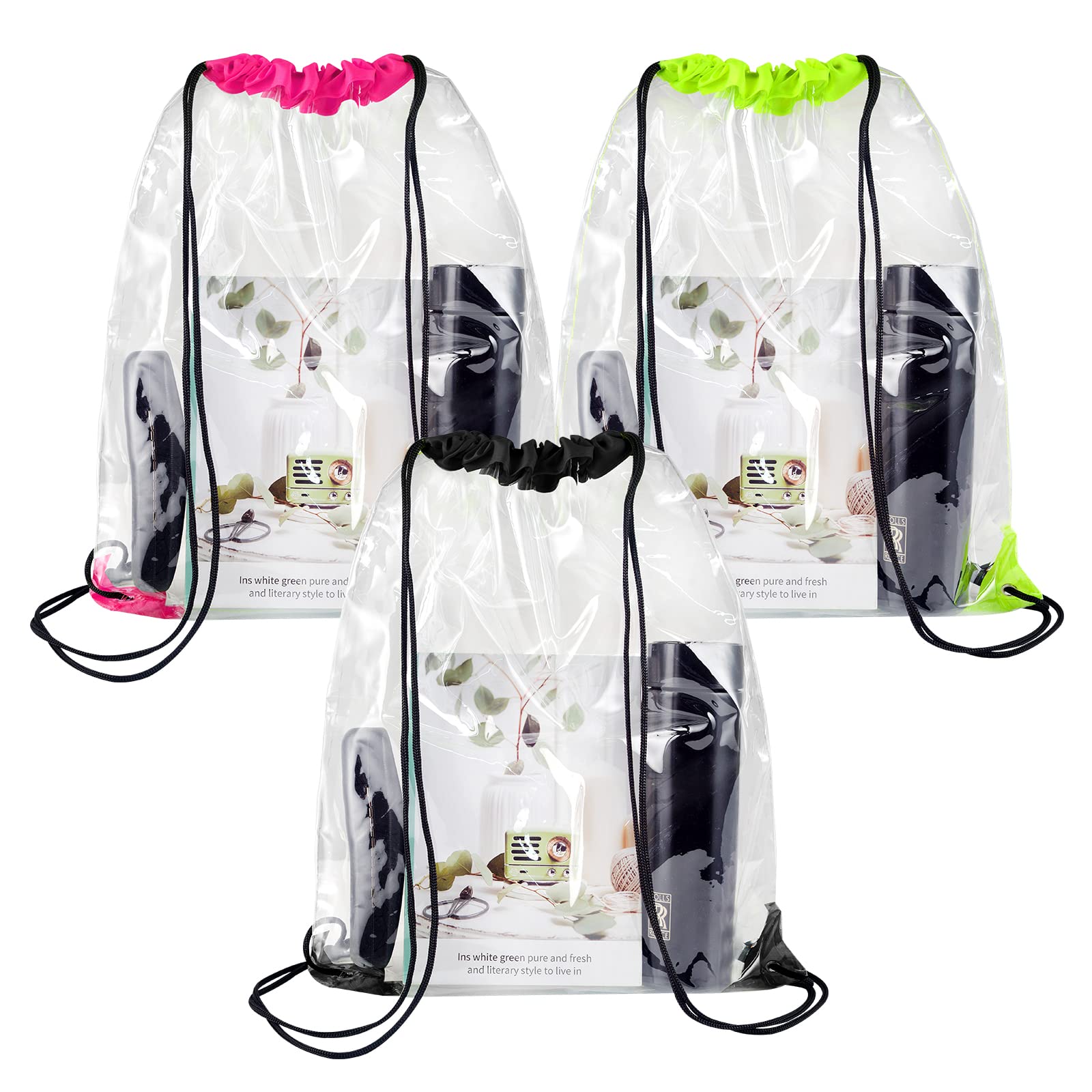WDFCN Pack of 3 Transparent Drawstring Bags Transparent Gym Bag Backpack Transparent Sports Backpack with Drawstring for School Backpack Gym Travel Beach Swimming (34 x 45 cm), Black, pink, green, 1