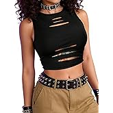 Remidoo Women's Punk Rock Ripped Crop Tank Top Distressed Cut Out Sleeveless Cropped Shirt