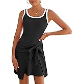 IHOT 2026 Women's Casual Sleeveless Scoop Neck Tank Dress Ribbed Knit Front Tie Waist Vacation Mini Dresses