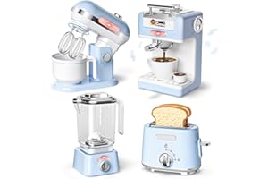 B Bascolor Pretend Play Kitchen Appliances Toy Set with Realistic Coffee Maker Machine, Toaster, Mixer and Blender, Kids Kitchen Playset with Sound & Light for Kids Age 3–5 4-8