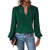 Falechay Womens Tops Swiss Dot Boho Long Sleeve Shirts V Neck Casual Chiffon Blouses Flowy Lace Hem Cute Clothing Trendy 2026
