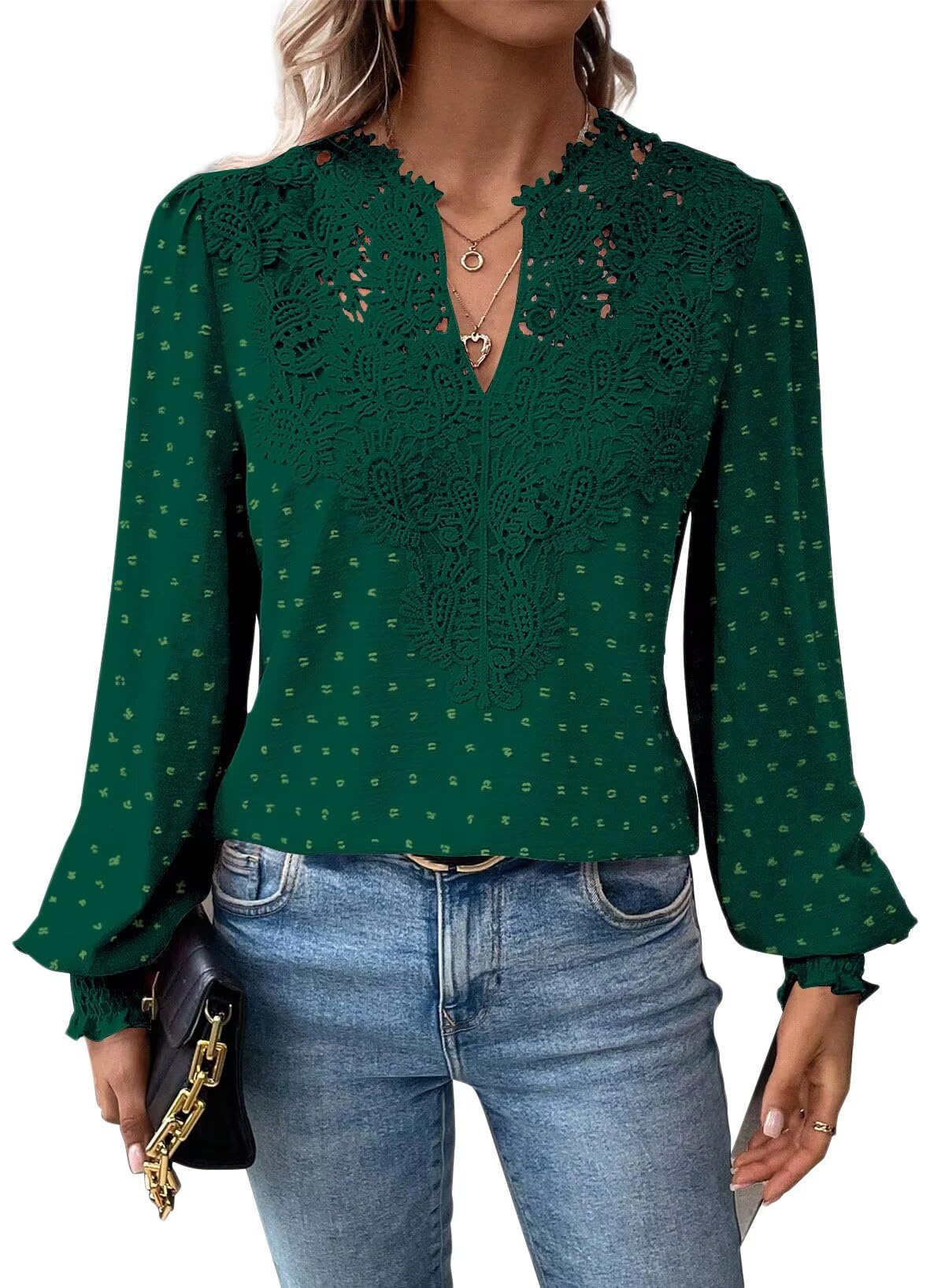 Falechay Womens Plus Size Tops Solid Flowy Blouse for Women Dressy Summer Long Sleeve V Neck Elegant Dark Green Tunic Winter Top Fall 6XL Image