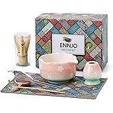 ENNJO 7 Pcs Matcha Whisk Set, Ceramic Matcha Bowl with Spout, Bamboo Whisk And Scoop, Stainless Steel Sifter, Ceramic Holder And Rest, Tea Towel. Full Matcha Kit Gift for Tea Lovers