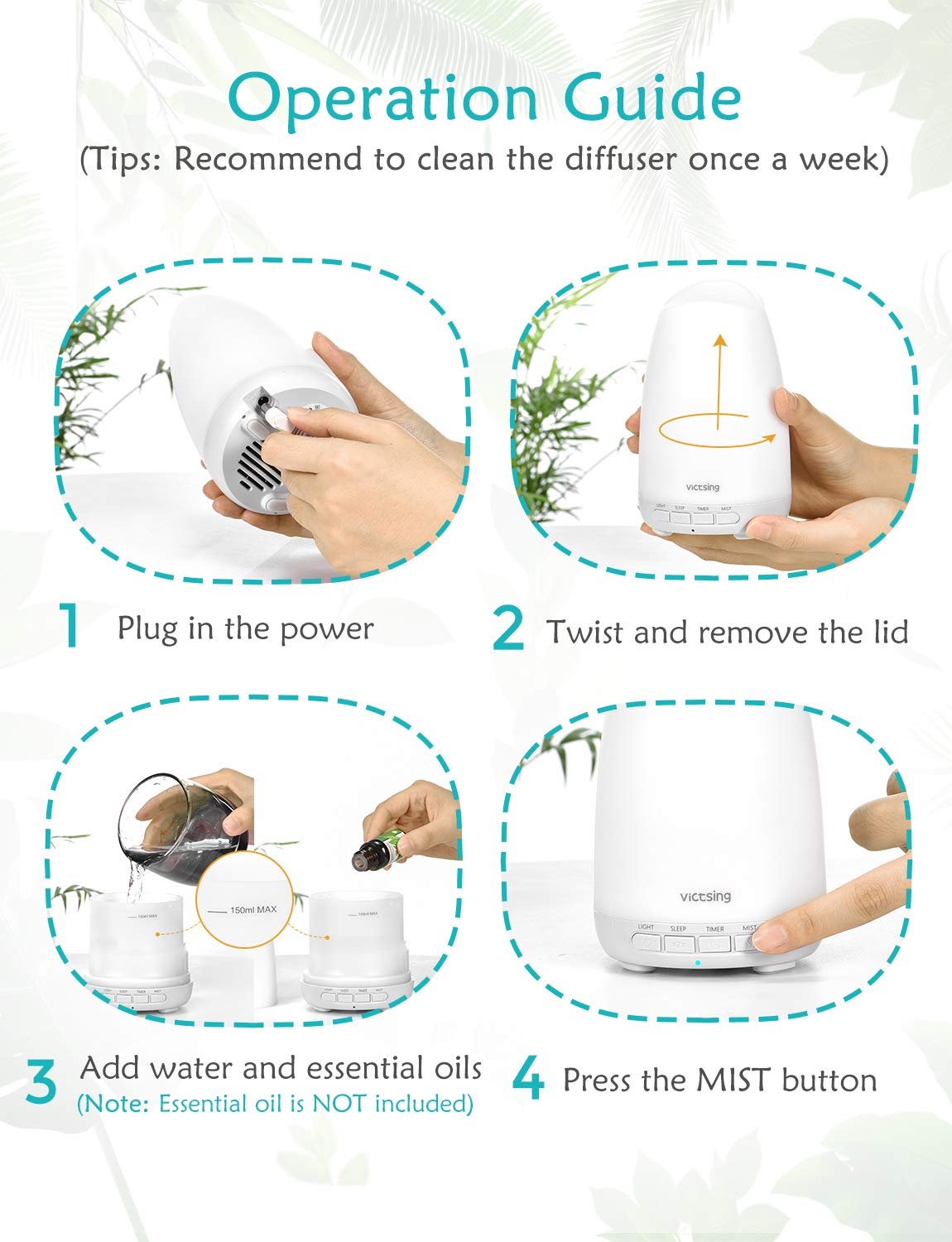 VicTsing 150ml Essential Oil Diffuser, 3rd Version Aromatherapy Diffusers Ultrasonic Cool Mist Humidifier with Sleep Mode, Waterless Auto-Off & 8-Color LED Light for Home Office Room Baby-White : Beauty