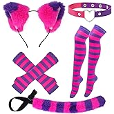 Matiniy Pink Purple Striped Cat Costume Include Cat Ears Furry Tail Striped Socks for Halloween Dress up