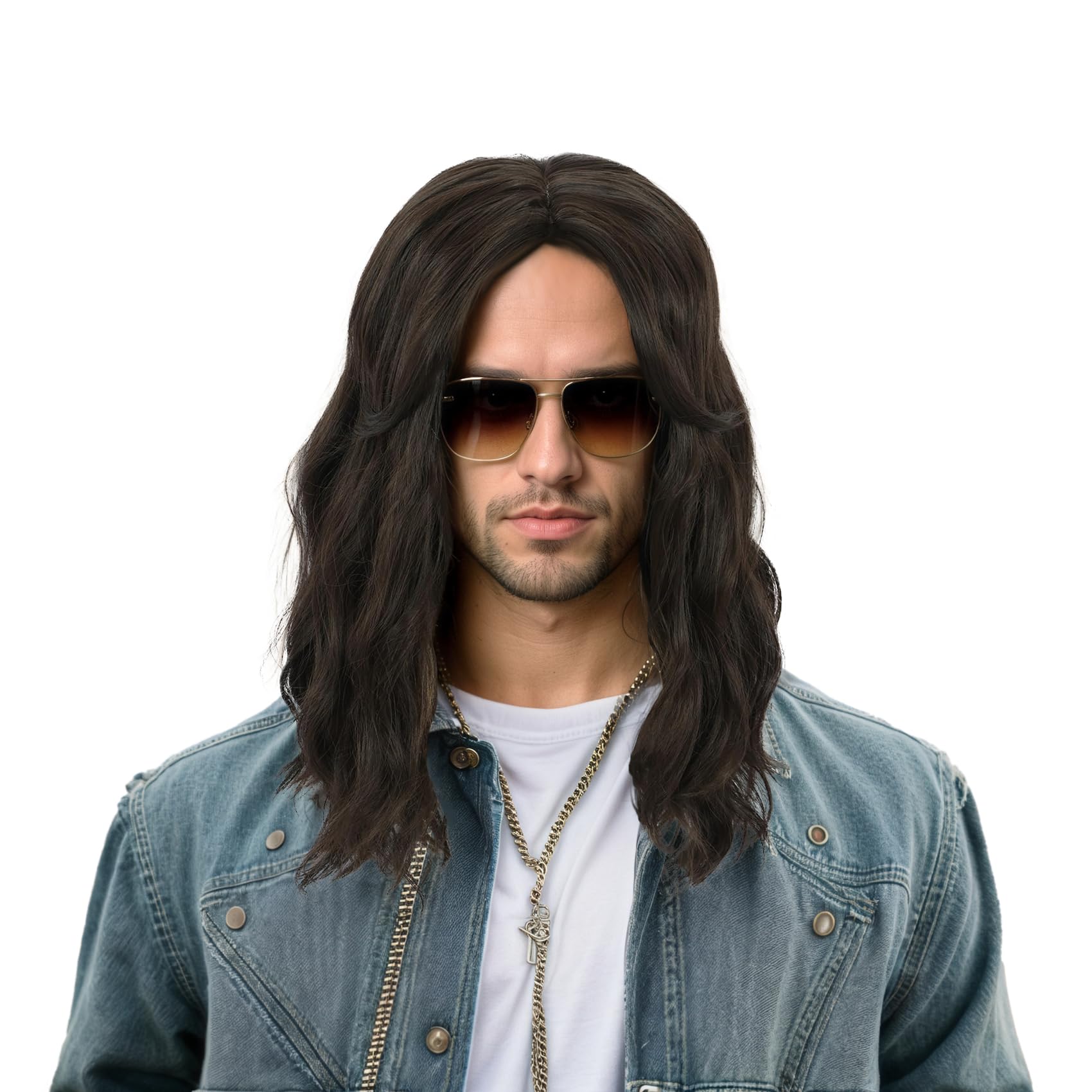 Yuehong Men Long Curly Dark Brown Movie Wig Anime Cosplay Party Costume Hair Heat Resistant Synthetic Fibers Soft Durable Breathable Wig