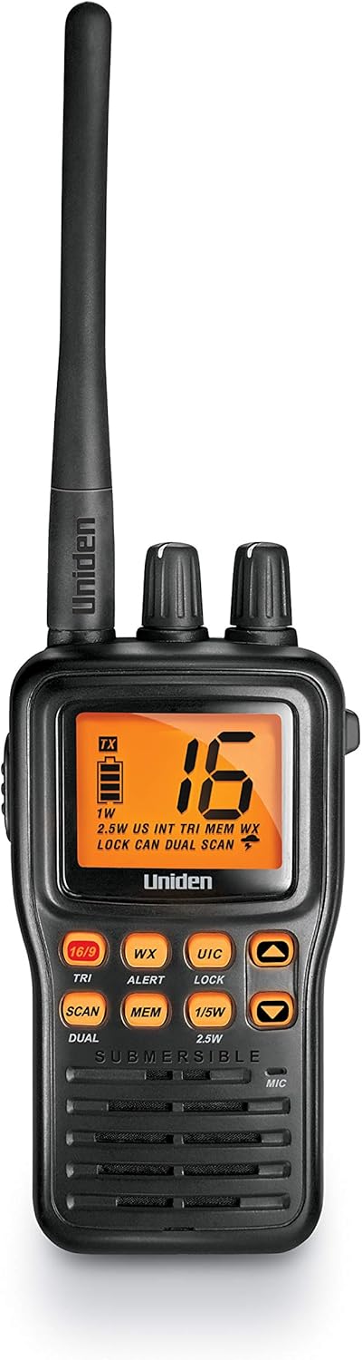 Uniden MHS75 Waterproof Handheld 2-Way VHF Marine radio, Submersible, Selectable 1/2.5/5 Watt Transmit Power. All USA/International and Canadian Marine Channels - Color Black: Home Audio & Theater