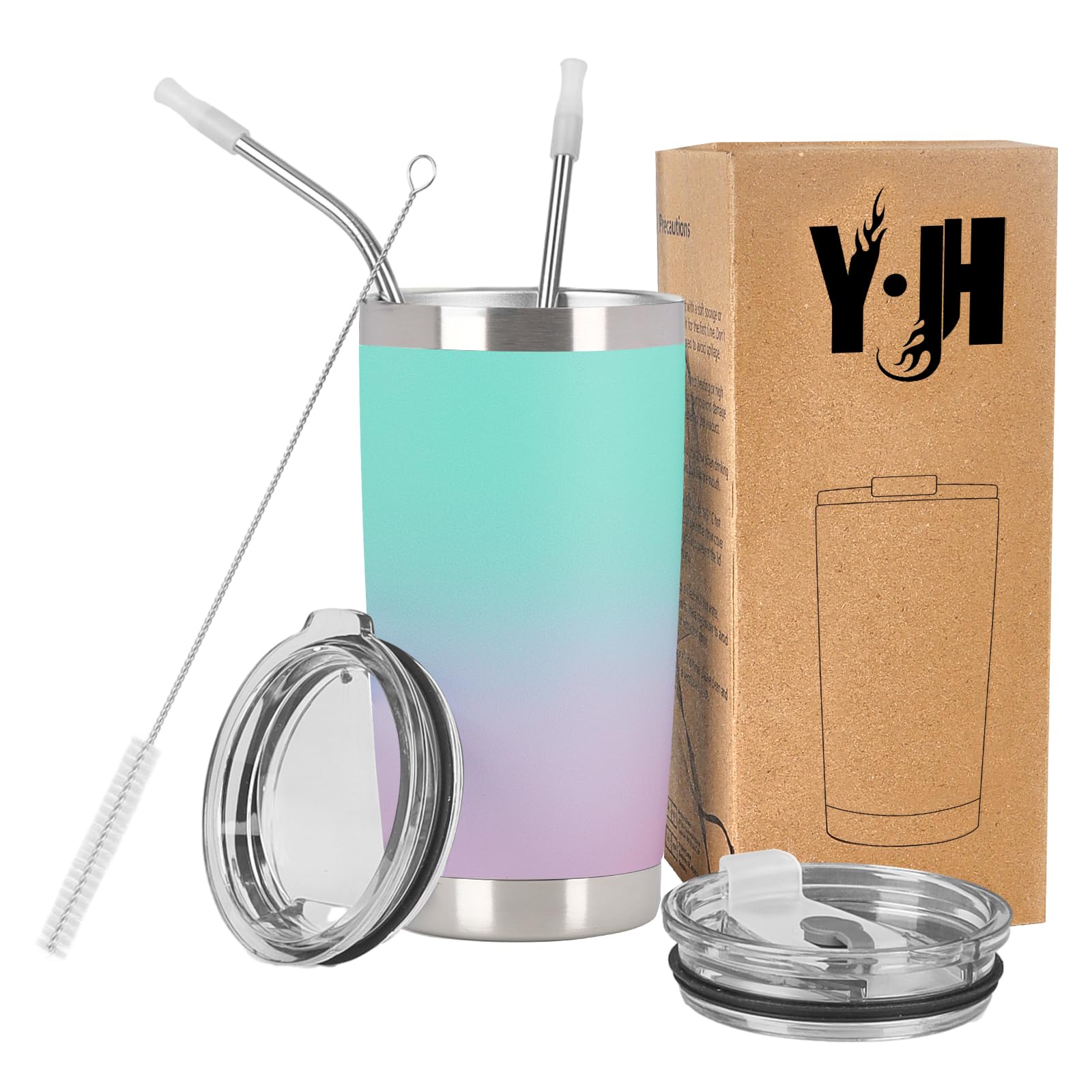 Y·J&H 20oz (550ml) Travel Tumbler Double Wall Vacuum Insulated Coffee Mug Stainless Steel Coffee Cup with 2 Splash Proof Lid, 2 Straws & Free Cleaning Brush, BPA Free - CyanBlue&Violet