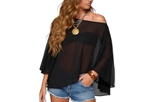 HAWILAND Sheer Ponchos for Women Chiffon Shawl Shrug Off Shoulder Mesh Asymmetrical Top Beach Cover Up Lightweight Chic