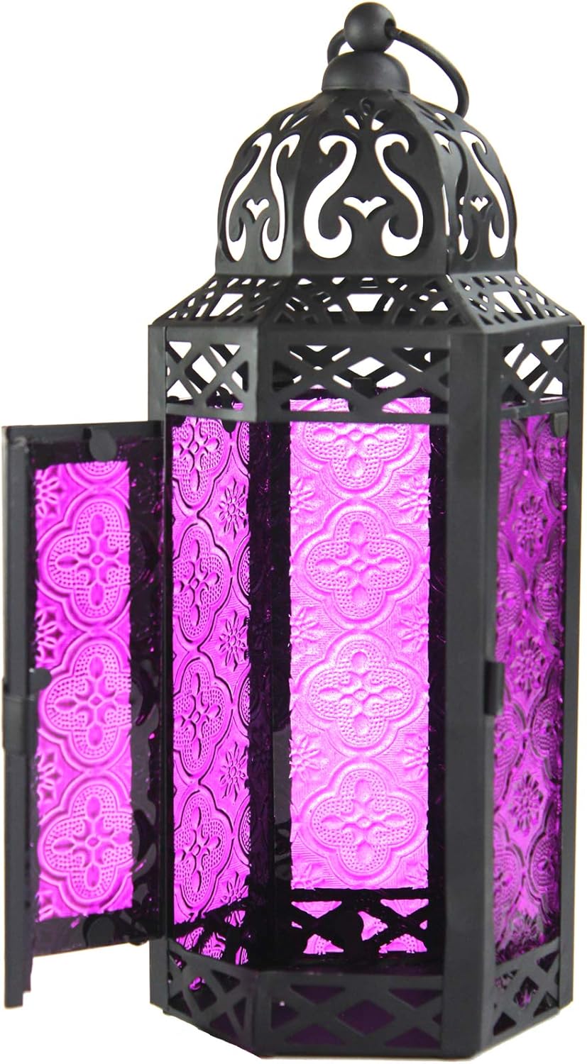 Vela Lanterns Moroccan Style Candle Lantern, Medium, Purple Glass: Home & Kitchen