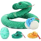 Muiteiur Giant 6 Piece Snake Stuffed Animal, 55 inch Mommy Snake with 3 Baby&2 Egg, Green Large Jungle Plush Toy, Realistic Serpent Plush Toy Gift for Kids Girls Boys