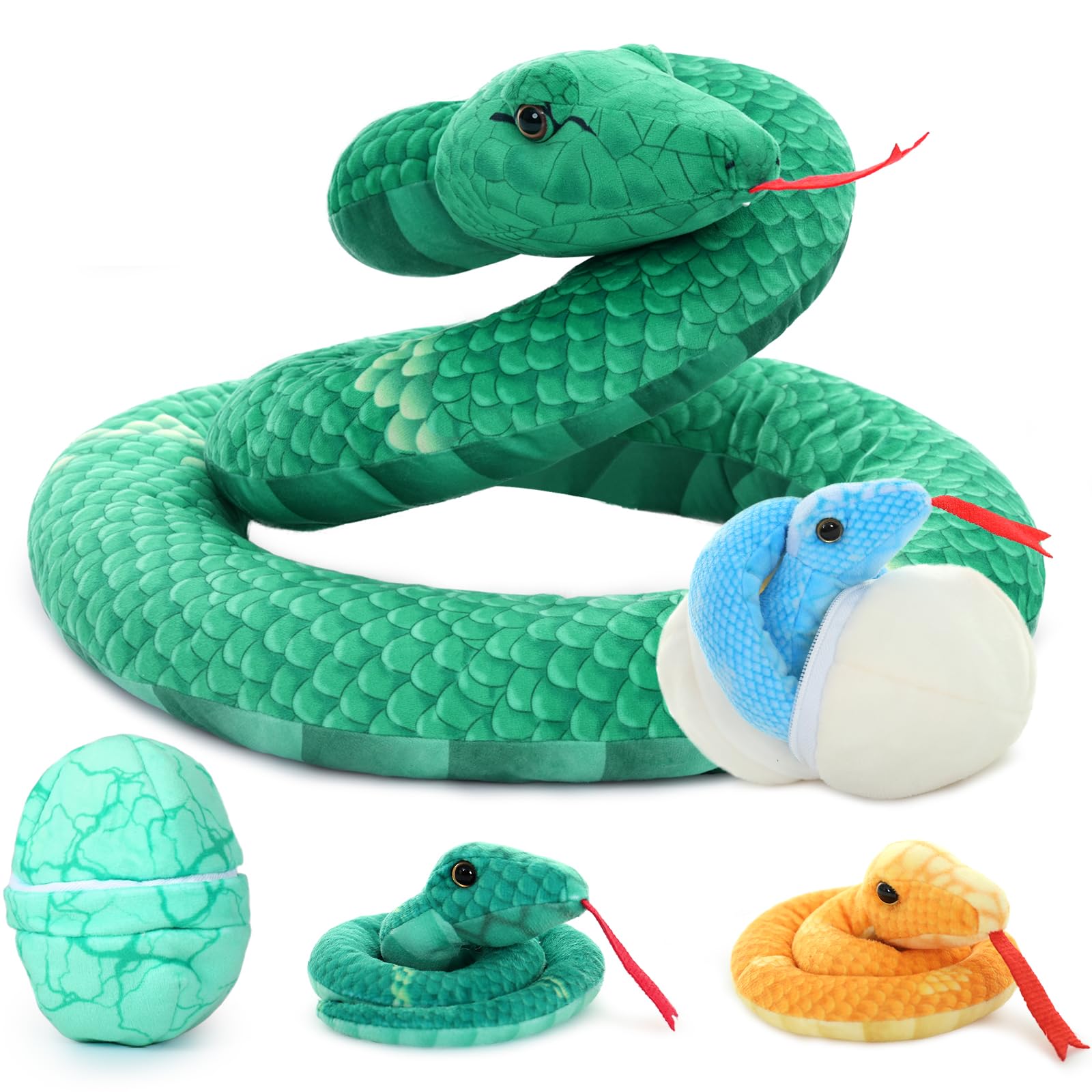 Photo 1 of Muiteiur Giant 6 Piece Snake Stuffed Animal, 55 inch Mommy Snake with 3 Baby&2 Egg, Green Large Jungle Plush Toy, Realistic Serpent Plush Toy Gift for Kids Girls Boys