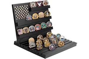 Challenge Coin Display Stand, Wood Military Coin Stand Rack with Deepened Anti-Slip Grooves Holds 80 Coins Coin Holders for C