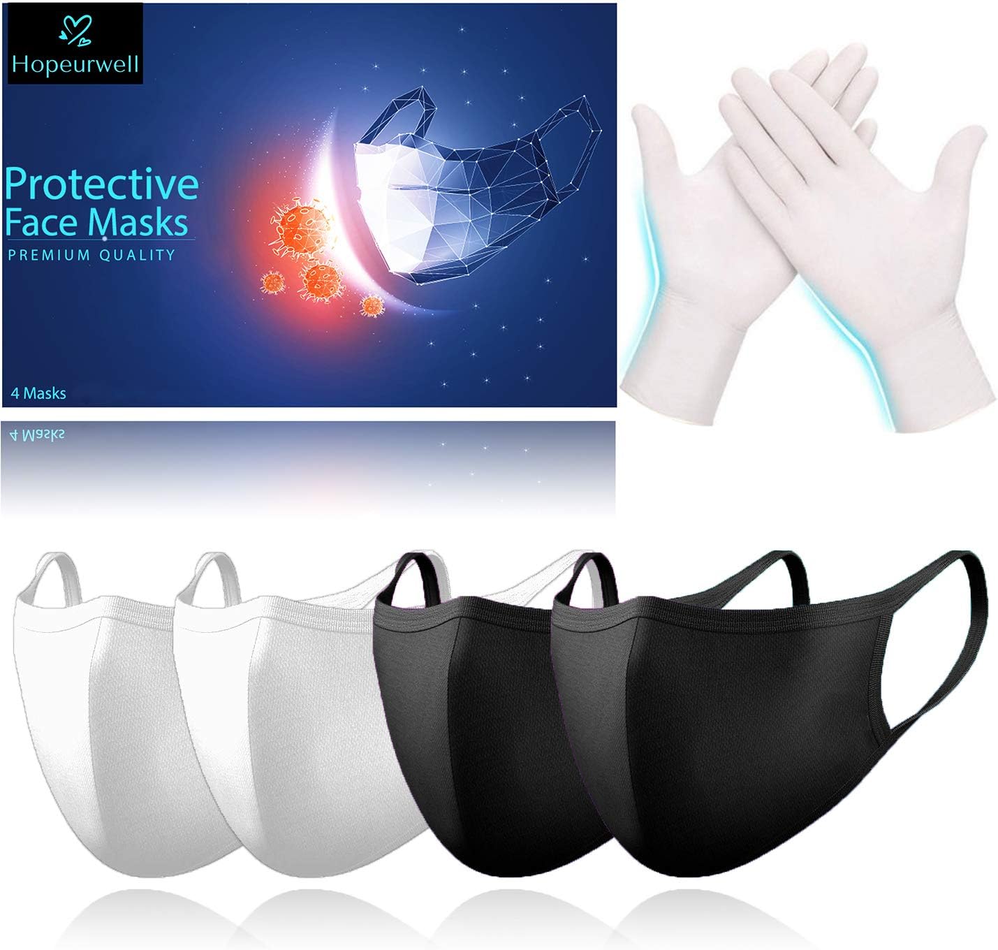 Hopeurwell Protective Face Masks and Glove Kit (4 Masks + 2 Glove) for Kids and Adults, Most Breathable Cloth Mask, 3X More Protection, Reusable Cotton, Nose Clip, 2 Layer, Washable, Lightweight: Health & Personal Care