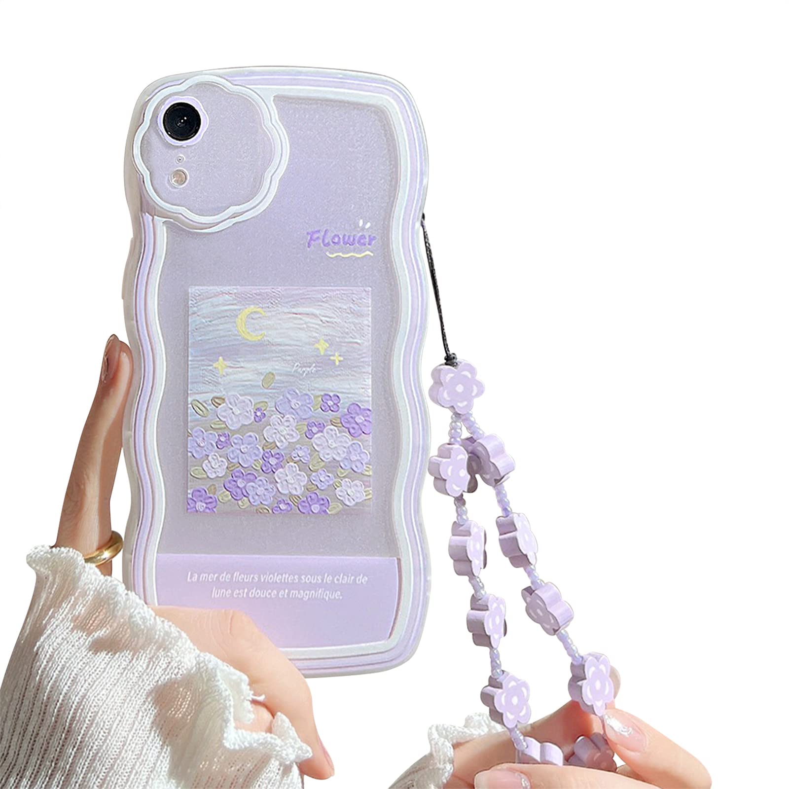 Photo 1 of Fycyko Compatible with iPhone XR Case with Cute Purple Flower Floral Pattern Design Aesthetic Women Teen Girls Flower Lens Protection Case for iPhone XR +Chain-Flower
