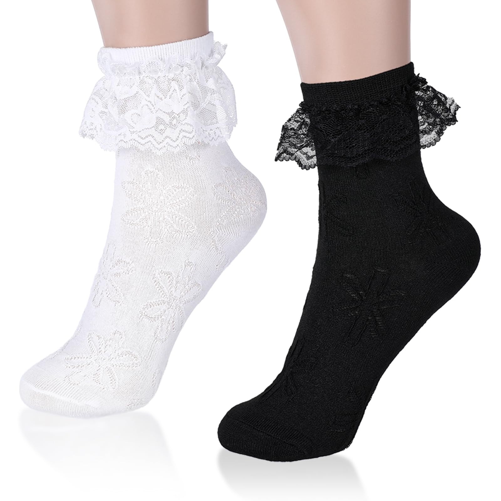 Photo 1 of ***ONLY WHITE***** Tyqour 2pairs White Ruffle Socks for Women Turn-Cuff Lace Frilly Ankle Comfortable Cotton Princess Socks
