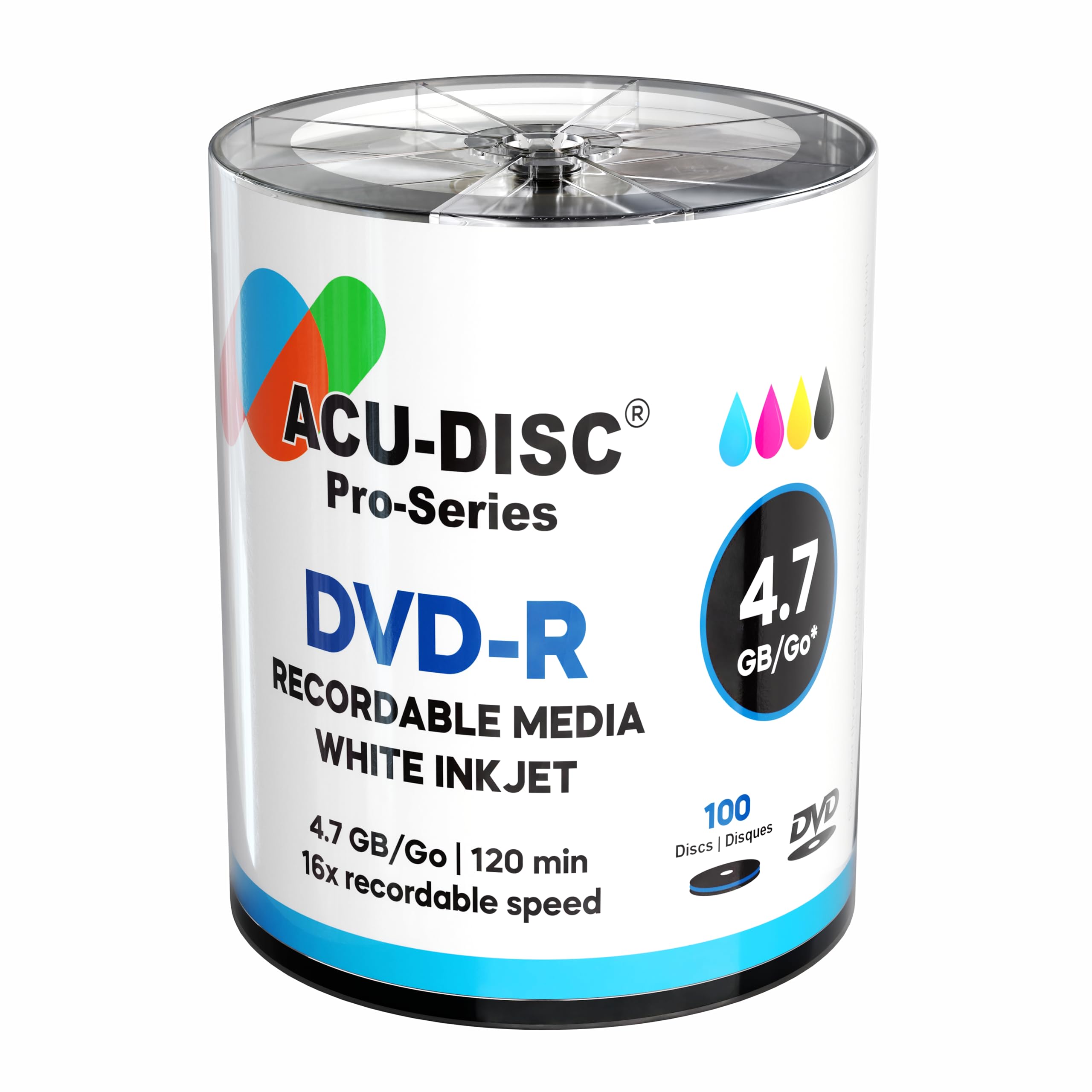 ACU-DISC DVD-R Blank 16x 4.7GB 120 Mins Full Face White Hub Inkjet Printable 100pk - Shrink Wrap