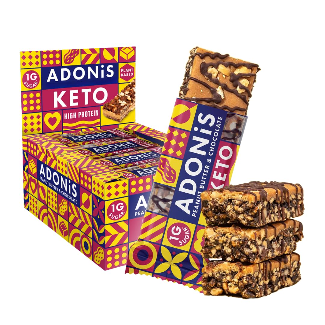 Adonis Hazelnut Crunch & Cocoa High Protein Keto Bars (16x45g) | Vegan-Friendly | 100% Natural Keto Snacks | Sugar Free, Palm Oil Free, Dairy Free | Low Sugar & Low Carb (Peanut Butter & Chocolate)