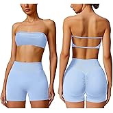 ABOCIW Workout Sets for Women Backless Bandeau Sports Bra Seamless Scunch Butt Lifting High Waist Biker Shorts Gym Set