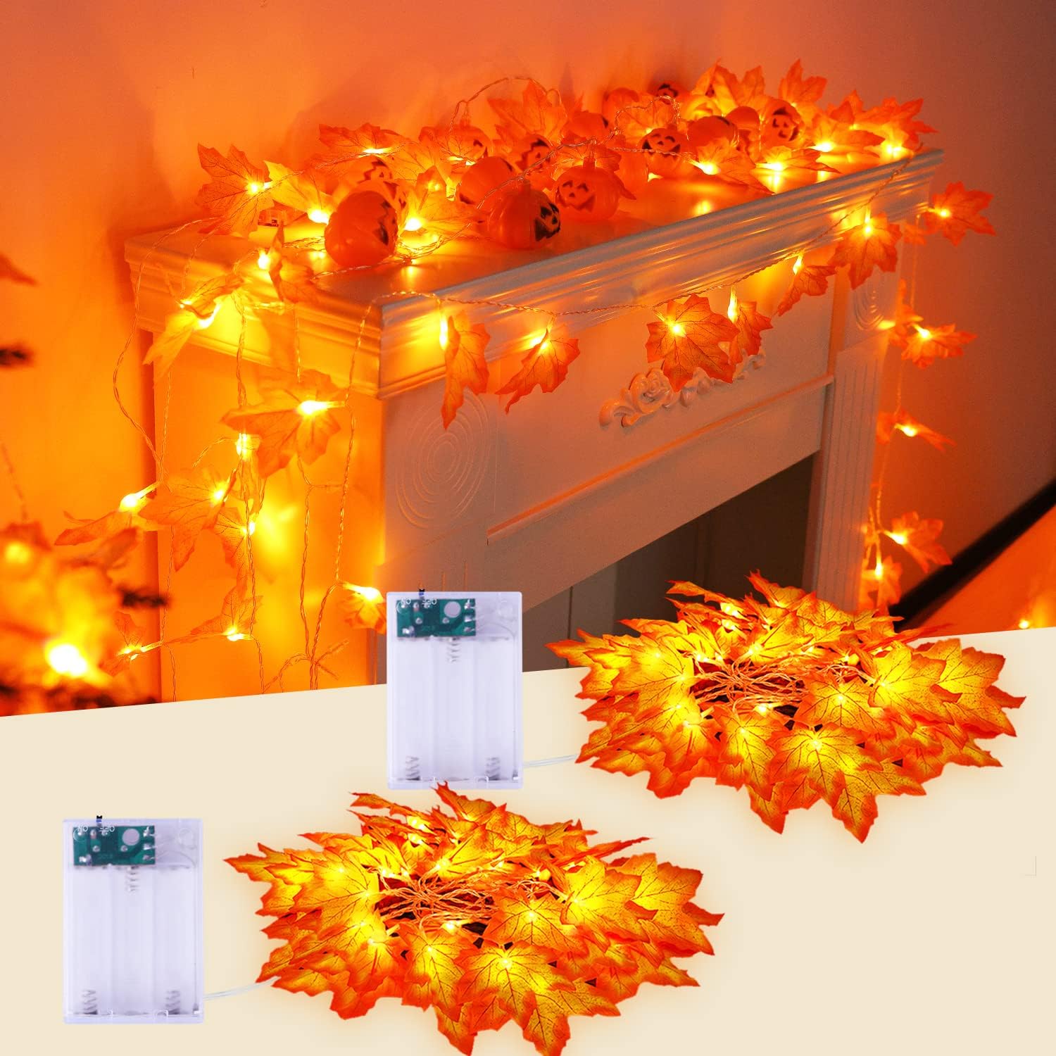 Wreaths, Garlands & Swags - JMEXSUSS 2 Pack Fall Decor Lights Battery Operated, Total 22 FT 40 LED Thanksgiving Lights, Fall Garland Lights for Autumn Garland Thanksgiving Centerpiece Fireplace Indoor Halloween Home Decorations
