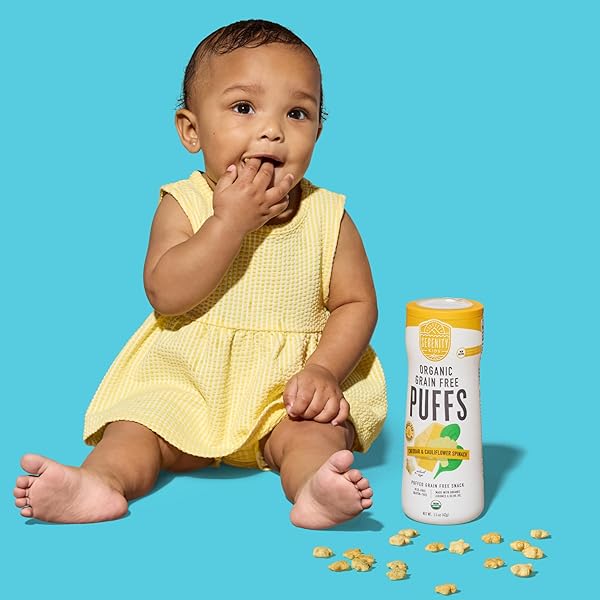 SERENITY KIDS 6+ MONTHS GRAIN-FREE BABY PUFFS – MELT-IN-MOUTH TODDLER SNACKS, EASY-GRIP INFANT SNACKS, REAL VEGGIE & OLIVE OIL ORGANIC BABY FOOD, 1.5 OZ, PACK OF 1, WHITE CHEDDAR & CAULIFLOWER SPINACH