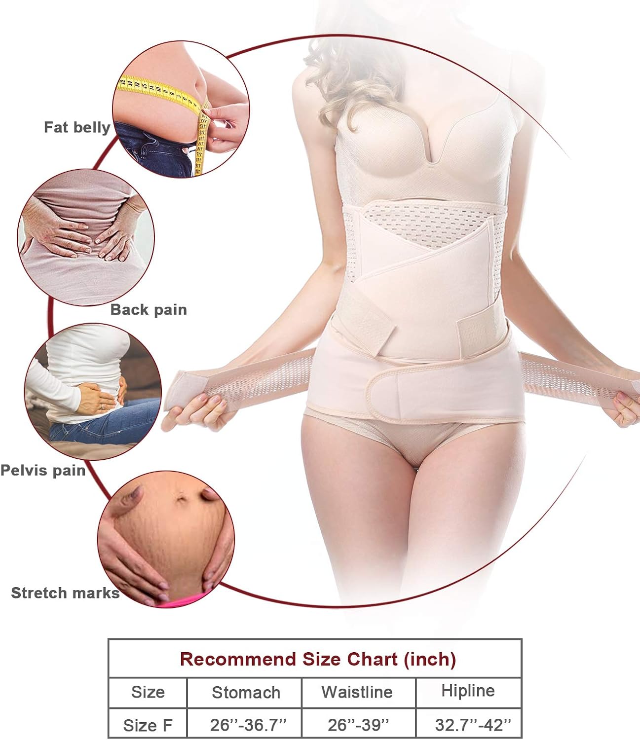 Aigori 3 in 1 Waist Cincher Belly Wrap Recovery Belt Support Body Abdominal Binder Corset Elastic Girdle Beige (One-size) - Image 5