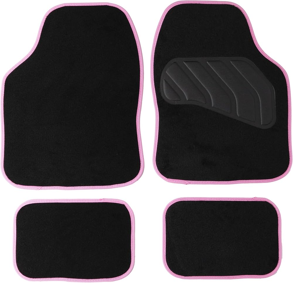 Sakura Pastel Black Carpet Floor Mats Pink Trim Full Set 4 Universal Fit