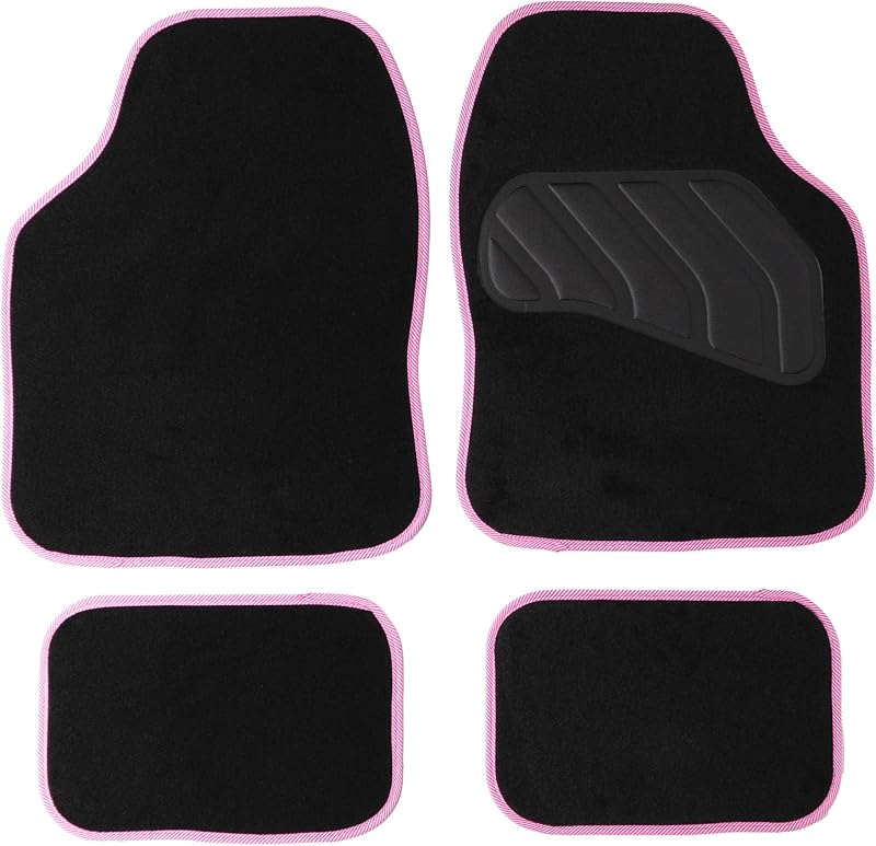 Sakura Pastel Black Carpet Floor Mats Pink Trim Full Set 4 Universal Fit