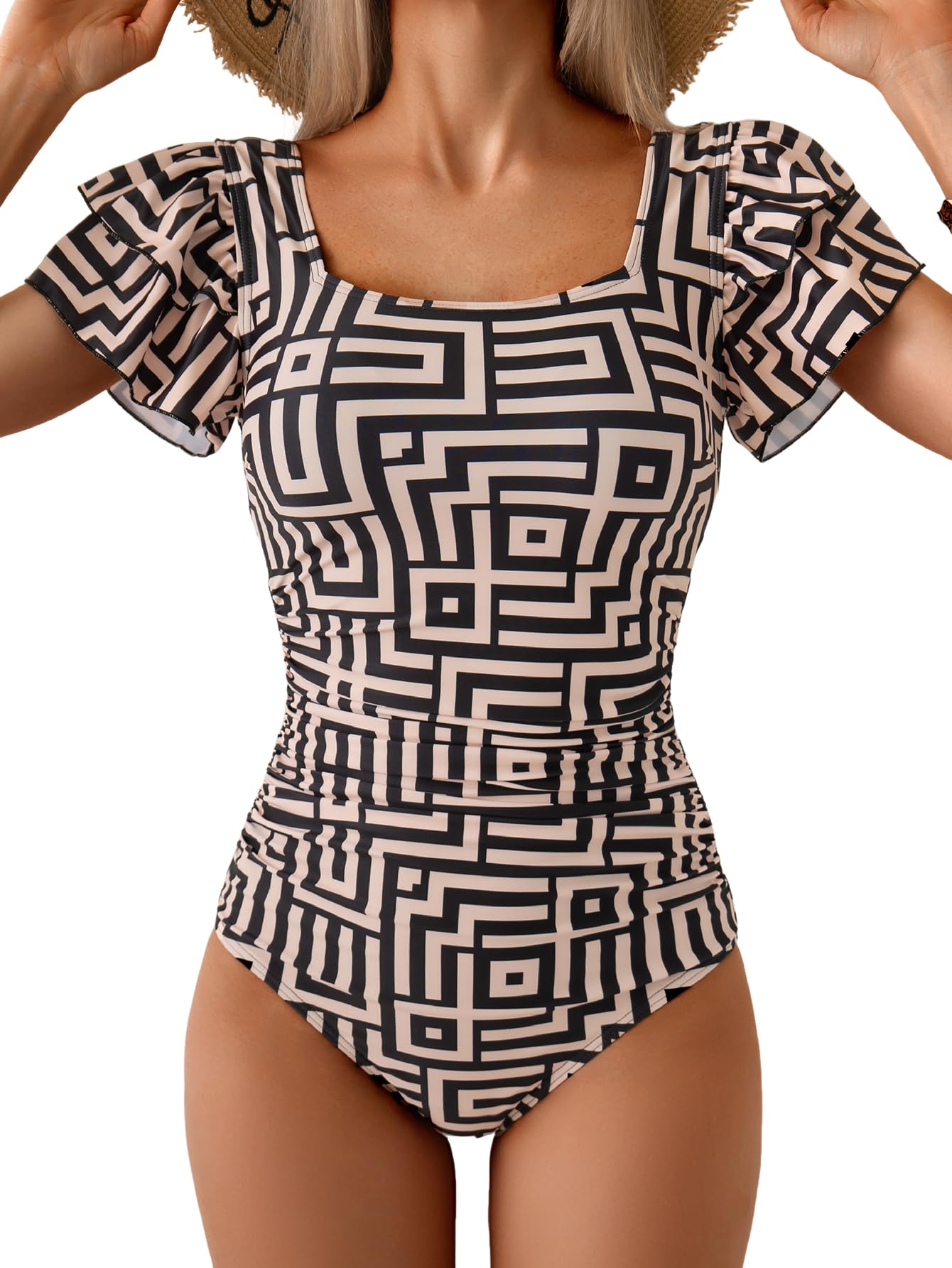 Photo 1 of Eomenie Women's Tummy Control One Piece Swimsuit Ruffle Square Neck Bathing Suit Ruched Cutout Back Slimming Swimwear