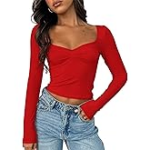 ForeFair Women's Sexy Long Sleeve Going Out Tops Pleated Bustier Shirt Cute Sweetheart Neck Y2K Cropped Top