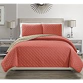 KingLinen Embossed Geometric Reversible Bedspread/Quilt/Coverlet with Sham Set (Coral, Queen)