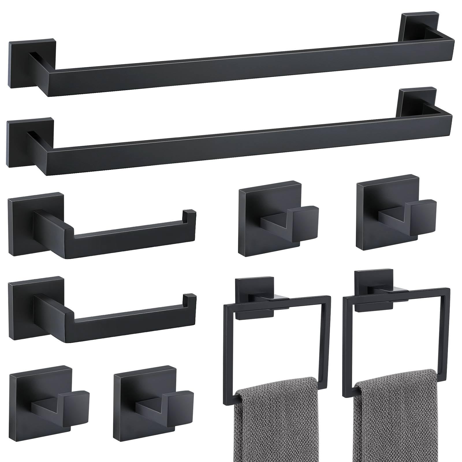 Photo 1 of 10 Pieces Bathroom Hardware Accessories Set Black Towel Bar Set Towel Holder Racks Set for Bathroom,SUS304 Stainless Steel,Wall Mounted 23.6-Inch