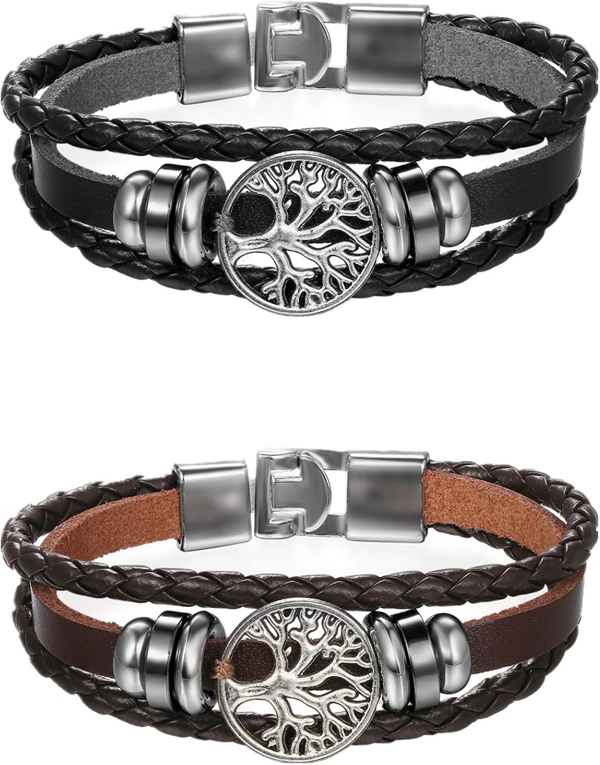 Flongo Multilayer Braided Leather Cuff Bracelet for Men Women Brown Black Hand Chain with Alloy Tree of Life Retro Ethnic Style
