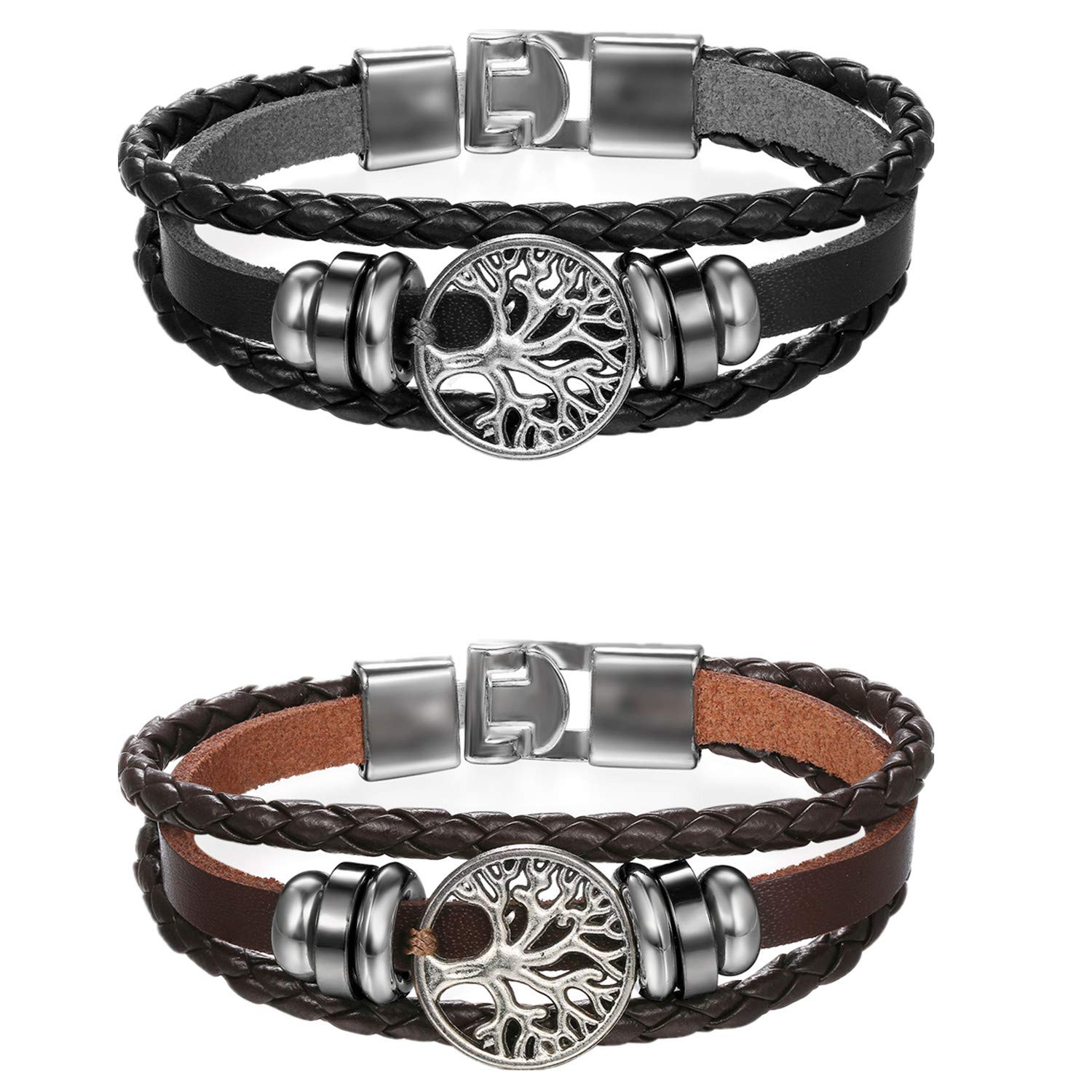 Flongo Multilayer Braided Leather Cuff Bracelet for Men Women Brown Black Hand Chain with Alloy Tree of Life Retro Ethnic Style, 17 cm, Leather