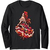 Dia De Los Muertos La Catrina Floral Sugar Skull Mexican Long Sleeve T-Shirt