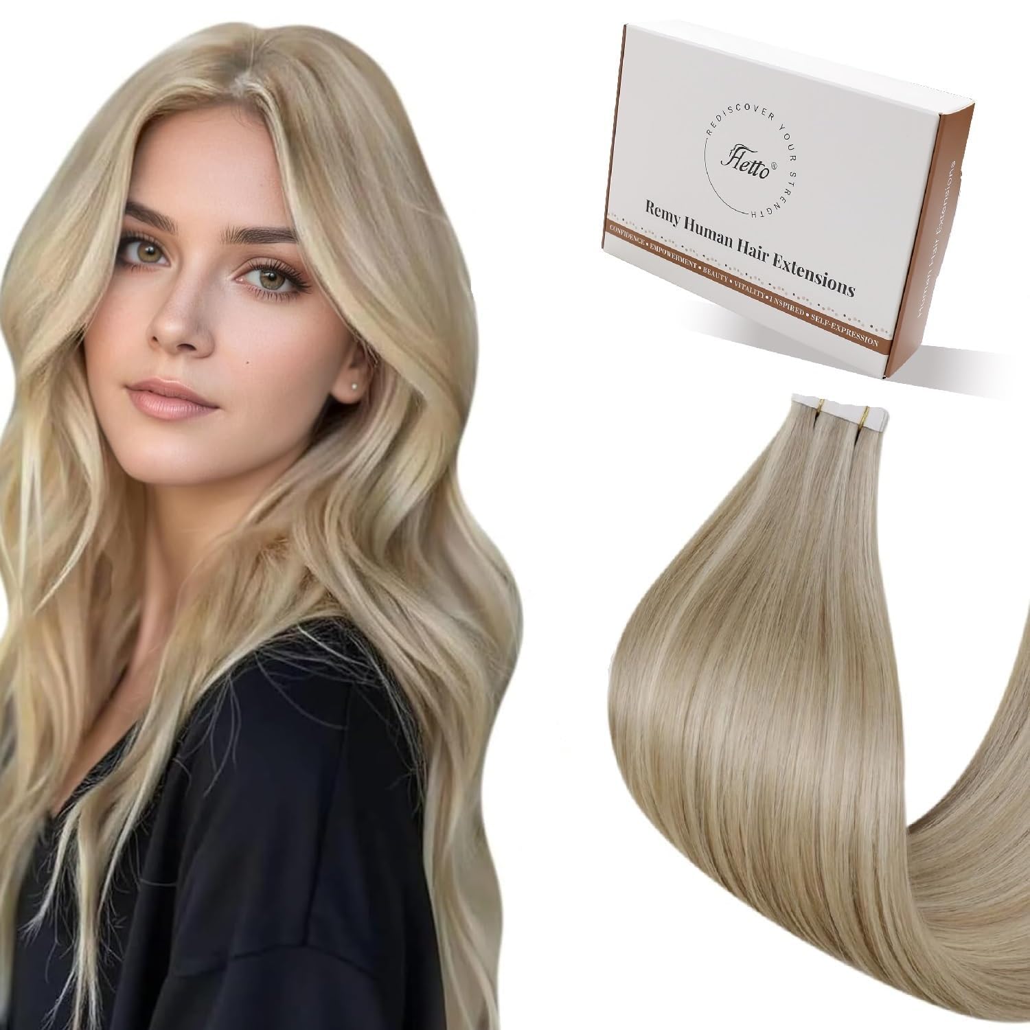 Tape in Hair Extensions Human Hair Golden Blonde Highlights 20 Inch - Invisible Tape in Human Hair, Comfort Wear Seamless Hairpieces for Weekend Travel 20pcs 50g #17/23