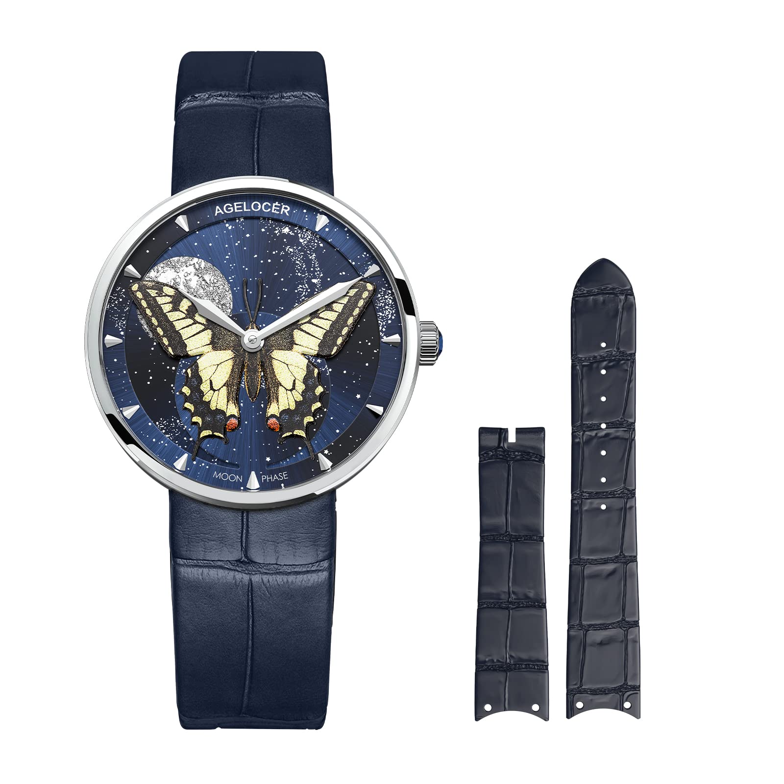 Original Women Watch with 3D Moon Phase Watch Dial, Luxury Romantic Automatic Lightweight Analog Quartz Watch for Business, Dating, Casual, Comes with Extra Leather Starp