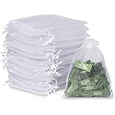 DoGeek 60pcs Organza Gift Bags Medium 5x7in Drawstring Jewelry Pouches Wedding Party Favour and Candy Bags (White, 13x18 CM)