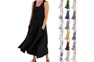 VEZAD Summer Dresses for Women 2023 Casual Solid Color Cotton Linen Pocket Dress Sleeveless Round Neck Beach Flowy Sundress