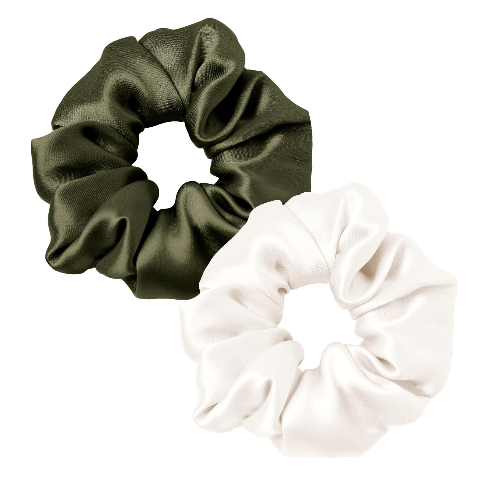 LILYSILK Women's 100% Silk Hair Scrunchies Ladies Elastic Hair Tie Bobbles Ponytail Holders for All Hair Type and Conditions and Preventing Hair Frizz Breakage Loss,Dark Olive+Ivory — image 1