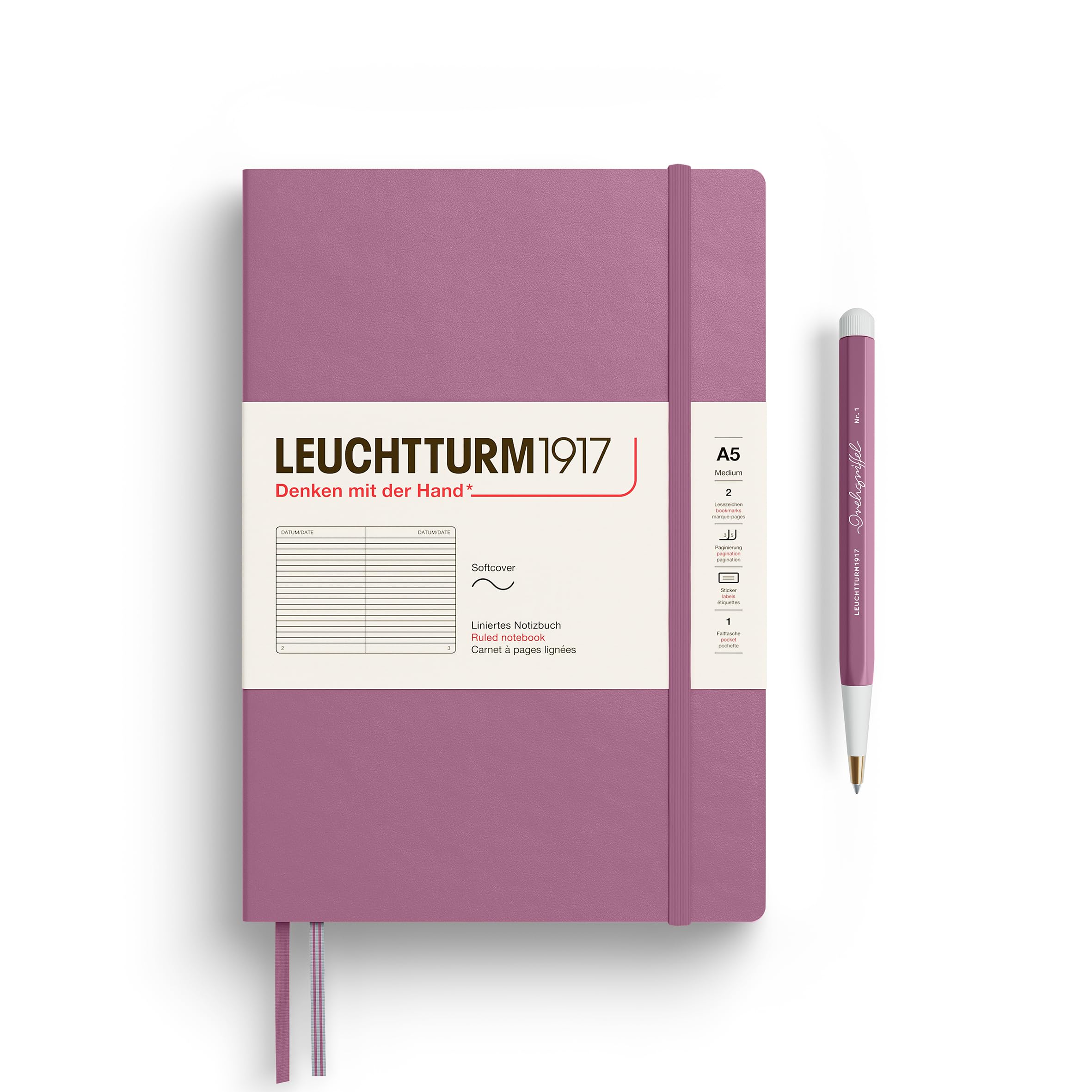 LEUCHTTURM1917 372202 Notebook Medium (A5), Softcover, 123 Numbered Pages, Dusty Rose, Ruled