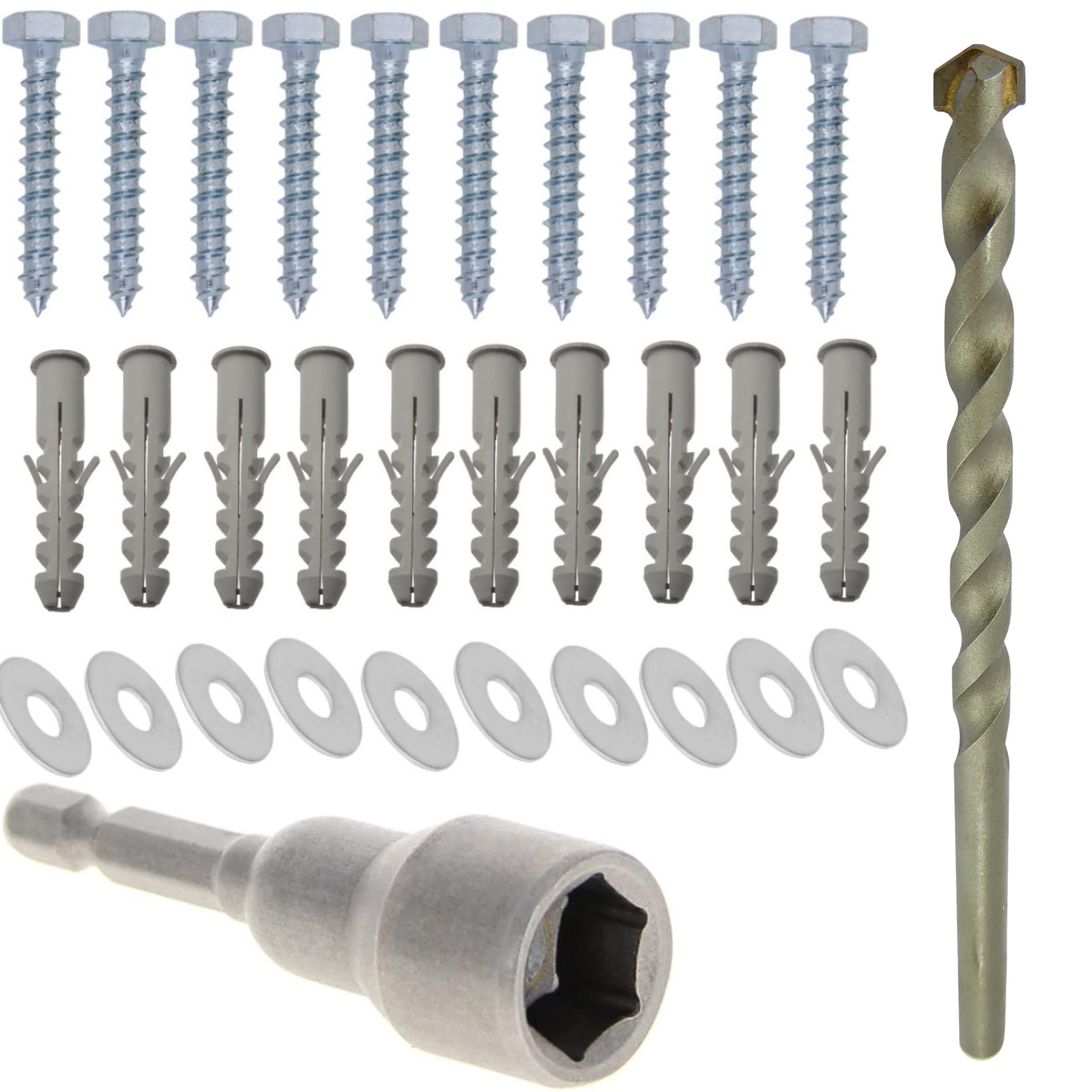 Inbrackets 10 Pack of M8 x 50mm Masonry Brick Wall Fixing Screw Bolts with Plugs & Washers for Aerial Satellite Sky Dish Tv Bracket Fence Mounting Includes 10mm Drill Bit & Hex Nut Driver