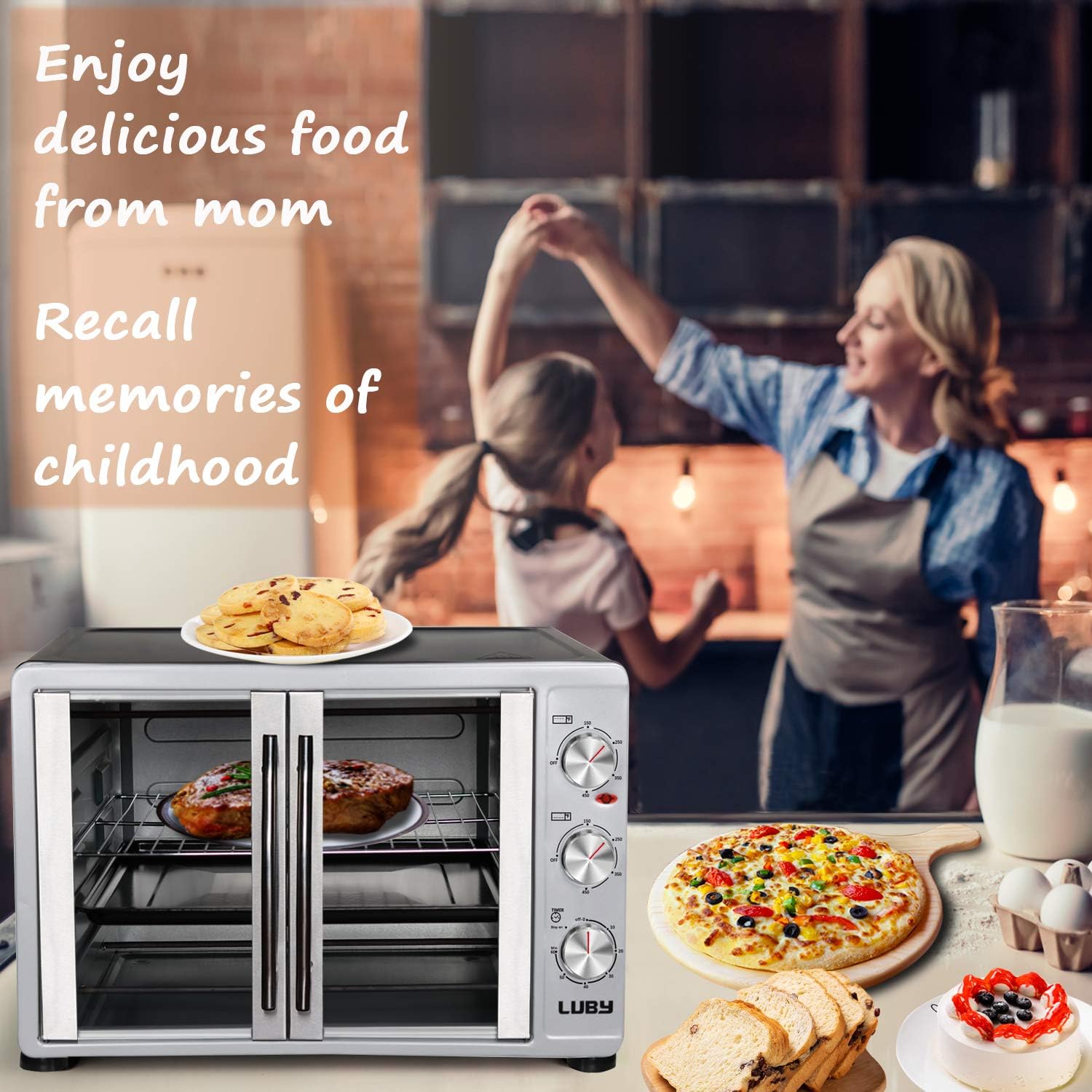 Luby Large Toaster Oven Countertop French Door Designed, 18 Slices, 14'' pizza, 20lb Turkey, Silver: Kitchen & Dining