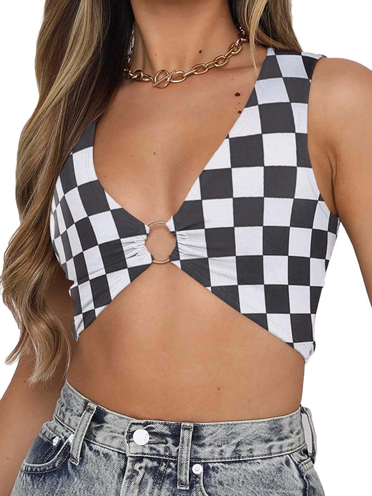 Photo 1 of Women's Sexy Corset Cropped Tank Top Sleeveless Plunging Neckline Underboob Y2k Top with Golden Ring Black Whtie Plaid L