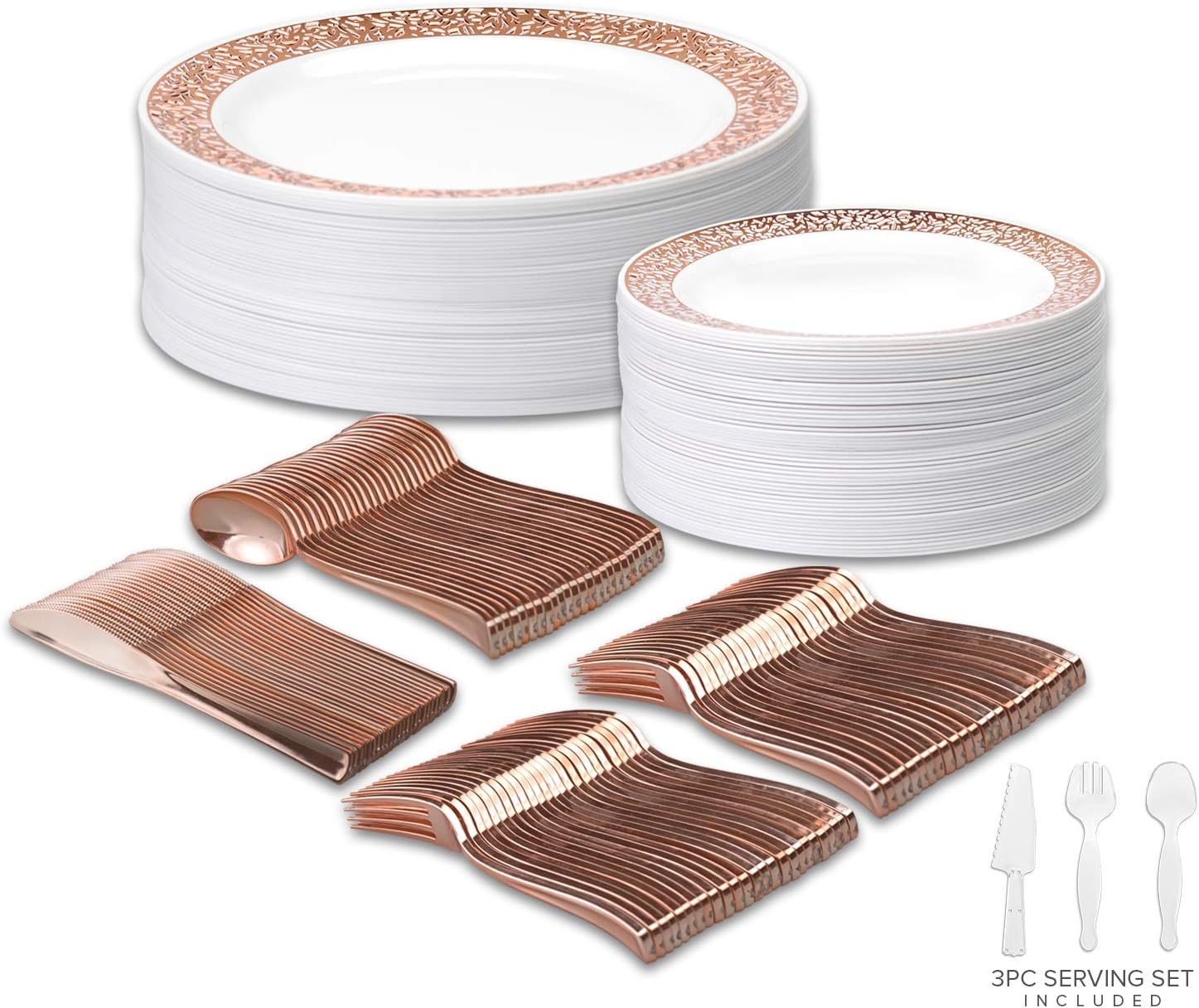 Disposable Wedding Dinnerware Set 303pc/50 Guest Rose Gold Premium | 50 Dinner Plates, 50 Dessert Plates, 100 Forks, 50 Spoons, 50 Knives, 3pc Serving Set (50 Guest Set, Rose Gold)