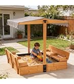 AIVITUVIN Sandbox With Retractable Roof - 47 Inch Kids Sand Pit With Bench Seats & Lid